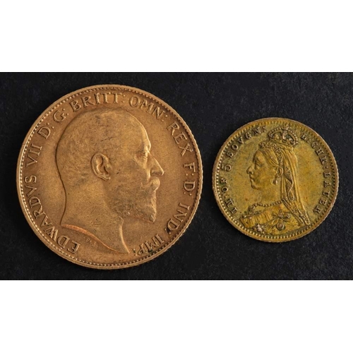 411 - An Edward VII half sovereign gold coin, 1910,: diameter ca. 19mms, total weight ca. 3.9gms together ... 