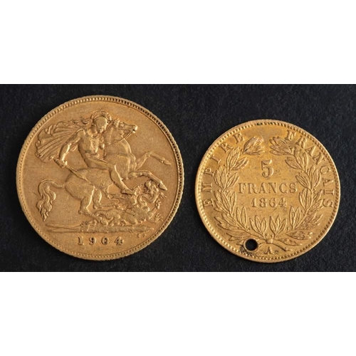 411A - A George V gold half sovereign coin, 1912,: diameter ca. 19mms, total weight ca. 3.9gms; together wi... 