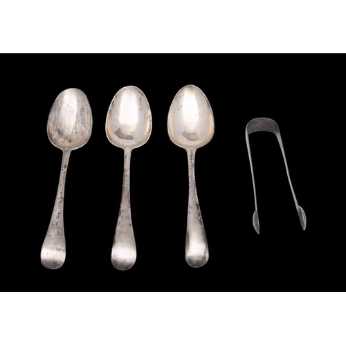 48 - Three Georgian silver old English pattern  table spoons, various makers and dates:  and a pair of si... 