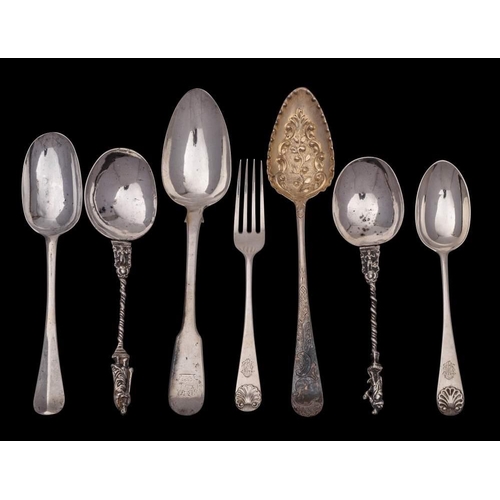 49 - A mixed group of silver flatwares, various makers and dates: includes, two table spoons, dessert spo... 