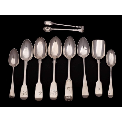 52 - Two George II silver teaspoons, maker Thomas Wynne, marks worn circa 1760: initialled,  various othe... 