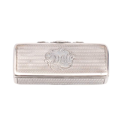 61 - A Victorian silver snuff box, maker Joseph Willmore, Birmingham, 1841: initialled, of rectangular ou... 