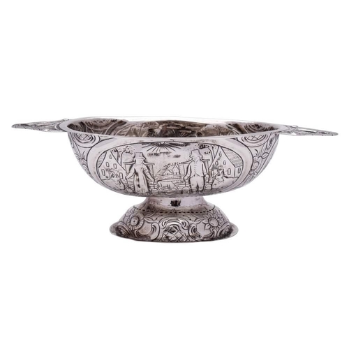 85 - A 19th century continental silver twin-handled bowl, unmarked, possibly Dutch: of oval outline with ... 