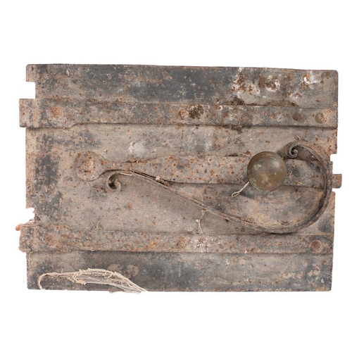 100 - A 19th Century cast iron and brass bread oven door:, banded hinges and scrollwork above brass knop h... 