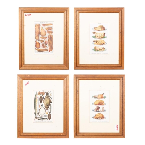 111 - A set of four coloured prints:, entitled 'Poultry', 'Bacon and Ham', 'Fish' and 'Joints', each frame... 