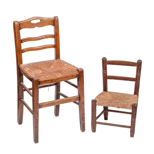 112 - An ash ladderback chair: with rush seat, on square legs with stretchers, also a child's beech chair ... 