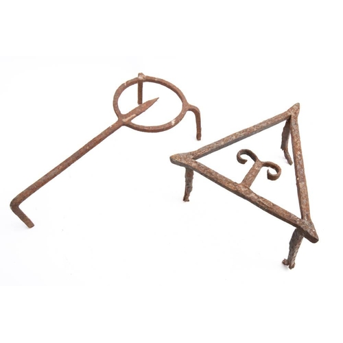133 - An  iron brandreth of triangular shape: 31cm wide and an iron trivet, 43cm long (2)