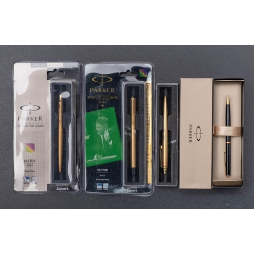 1343 - A Parker Vector gold fountain pen and Jotter gold ball pen in original blister packs, together with ... 