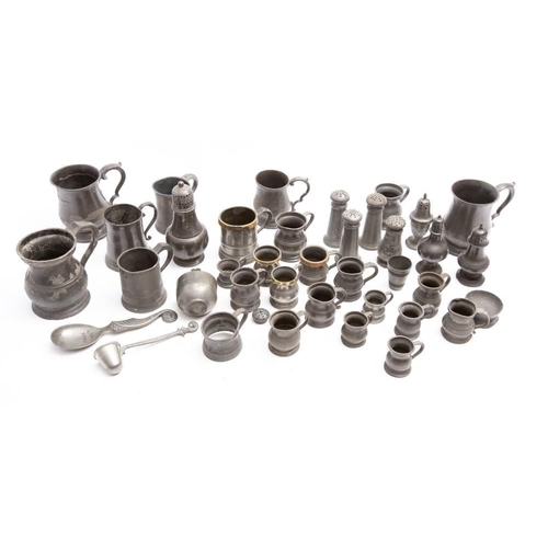 136 - A collection of pewter measures, peppers and tankards: including four brass rimmed measures, various... 