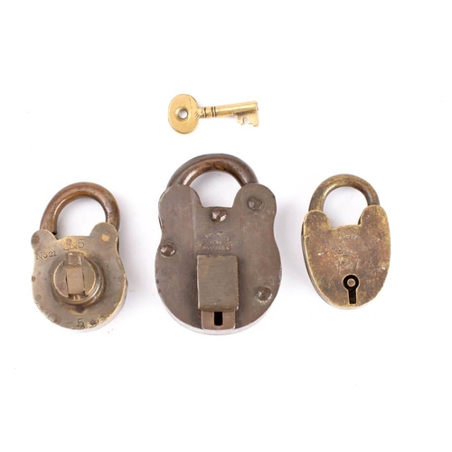 180 - An Edwardian brass and wrought iron Bramah padlock by J T Need, London: together with alter padlock ... 