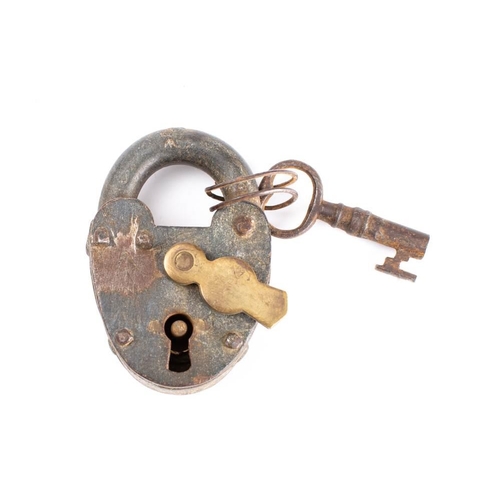 181 - An early 20th century MOD issue iron padlock and key, with brass throat cover, stamped with broad ar... 