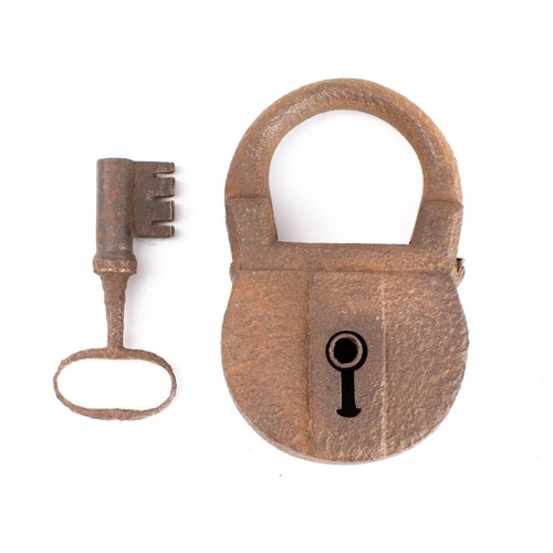 185 - A large 18th/19th century steel padlock and key: the lock of  three section construction,  the key w... 