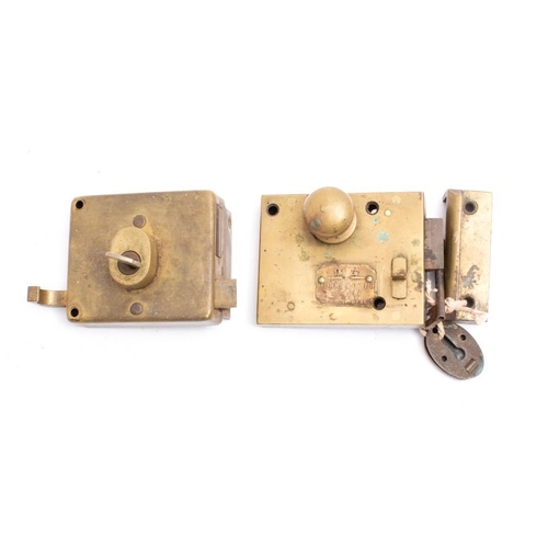 202 - A Hobbs & Co London, brass ship's cabin door rim lock set,  the case with makers plate as per title,... 