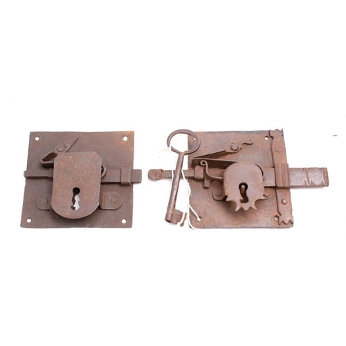 216 - A French wrought iron lock and key, possibly 17th/18th century:  with double throw flat bar on a squ... 