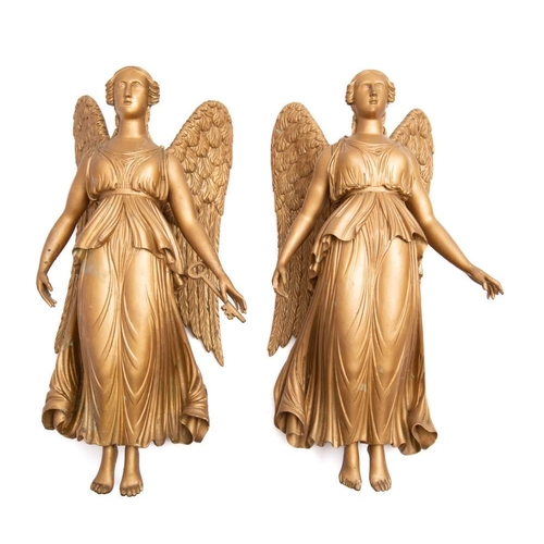 243 - A pair of late 19th/early 20th century carved gilt wood figures of angels, one holding a key:  64cm ... 