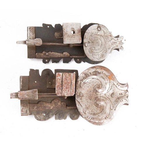 245 - Two 17th/18th century steel locks:  both with  scrollwork decoration to backplates, 26cm & 25cm (2)