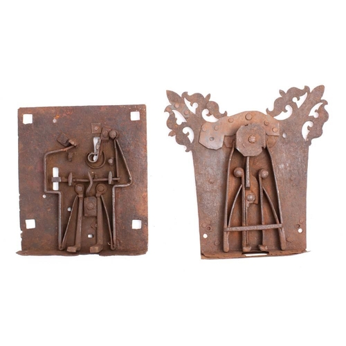 254 - Two Continental iron locks, possibly 16th century or later:,  one with square plate and  applied  tr... 