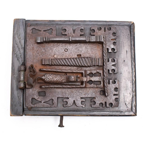 256 - A Continental gothic 'moraillon' lock, possibly French or Spanish, the square plate with fret work b... 