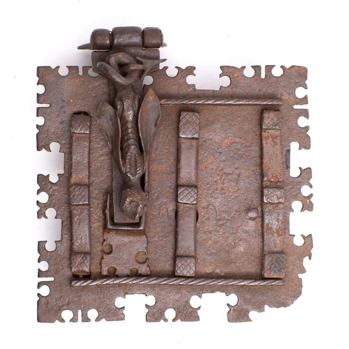 257 - A Continental Gothic 'moraillon' lock,possibly French or Spanish, the square  plate with fret work b... 