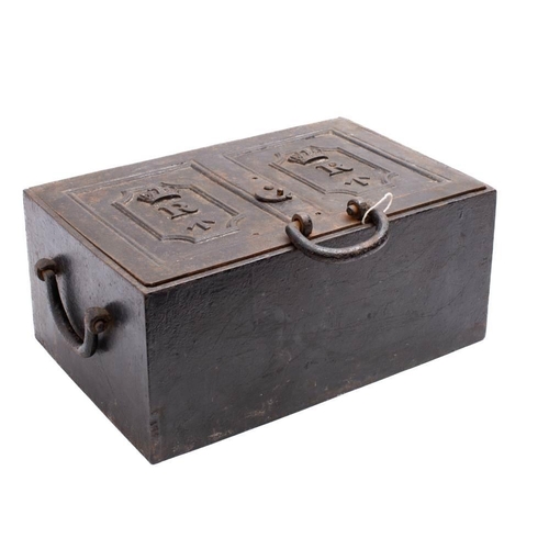 261 - A Victorian War Department issue cast iron strong box: the double filed panel top with crown over 'R... 