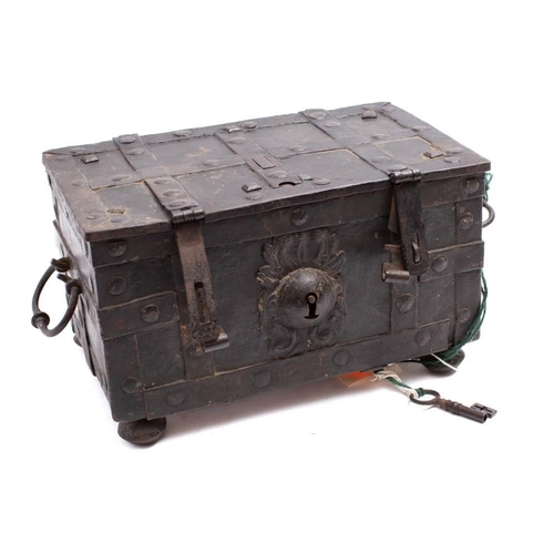 265 - A 17th/18th wrought iron Nuremberg chest: the strap work top with hidden keyhole and double hasps ov... 