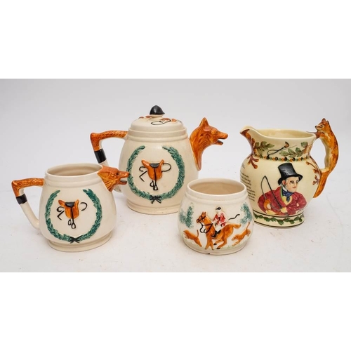 362 - A three piece Staffordshire hunting theme tea service and a Crown Devon John Peel jug: