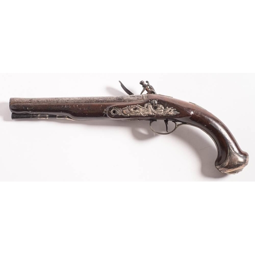 505 - An 18th century flintlock pistol, circa 1741:  the plain 8 inch barrel with proof marks to breech, t... 