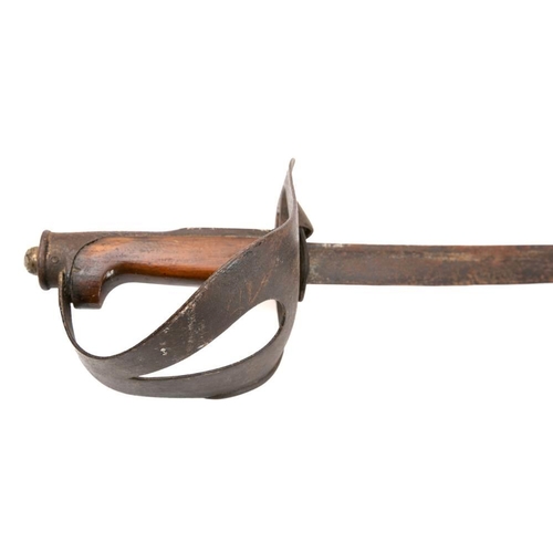 523 - A 19th century cavalry sword, the pipe backed blade over half basket hilt with wooden grip.