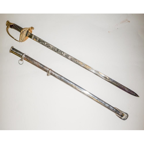 533 - A reproduction US Union Officer's sword: the straight single edged blade with militaria decoration o... 