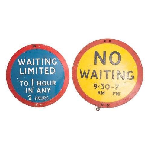 683 - Two mid 20th century road signs: 'No Waiting 9.30AM-7PM' and 'Waiting Limited to 1 Hour in any 2 Hou... 