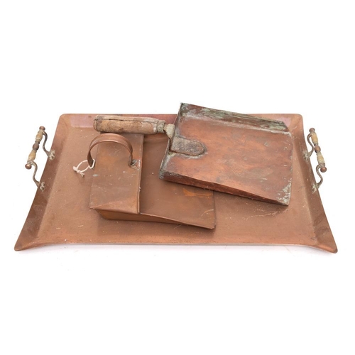 71 - A copper rectangular twin-handled tray:, 51 x 34cm, a copper shovel scoop and a copper dustpan scoop... 