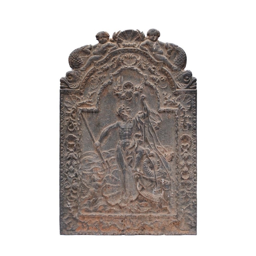 75A - A cast iron fire back: depicting the figure of Neptune holding a trident within a shell and foliate ... 