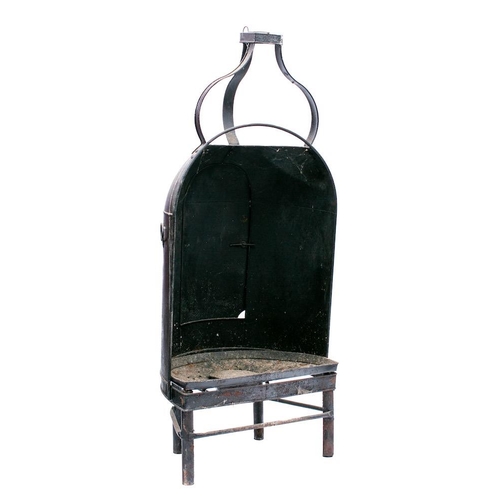 95 - A wrought iron triangular pot crane: with triple hooks suspended from ring chains, 66cm wide.