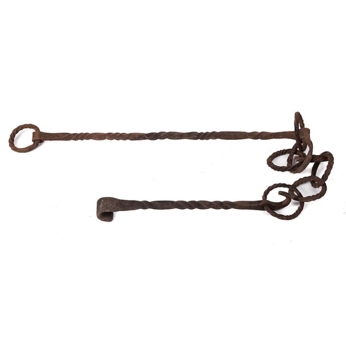 98 - A single wrought iron pot hook: with spiral rings and stems.