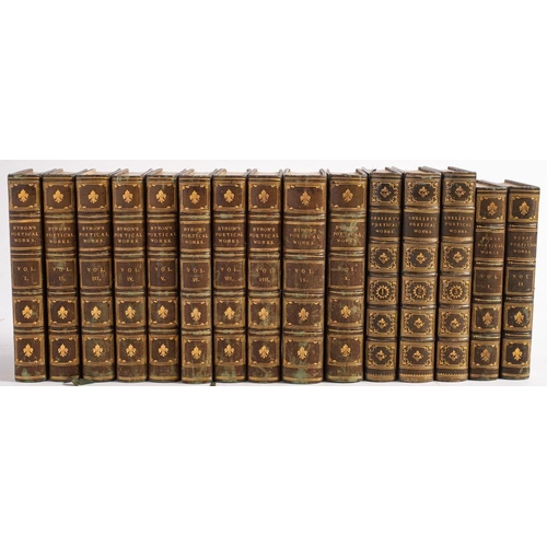 163 - BINDINGS ... The Poetical Works of Percy Bysshe Shelley : 3 vols, dark blue straight grained morocco... 