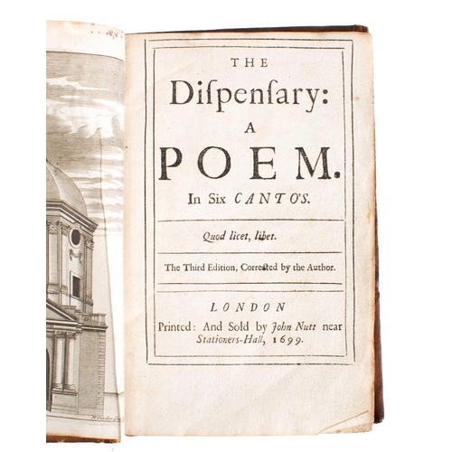 214 - GARTH, Samuel : The Dispensary : A Poem. In Six Canto's, eng. frontis, sheep spine worn front board ... 