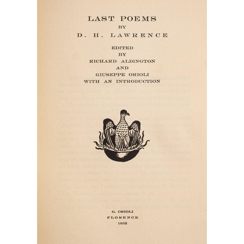 232 - LAWRENCE, D. H. Last Poems : Edited by Richard Aldington and Giuseppe Orioli, org. boards with print... 