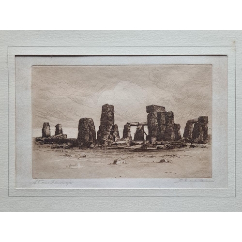 555 - STONEHENGE : small sepia coloured etching, size 135 x 8.5 mm. F & G in a dark plain wood, circa 1920... 