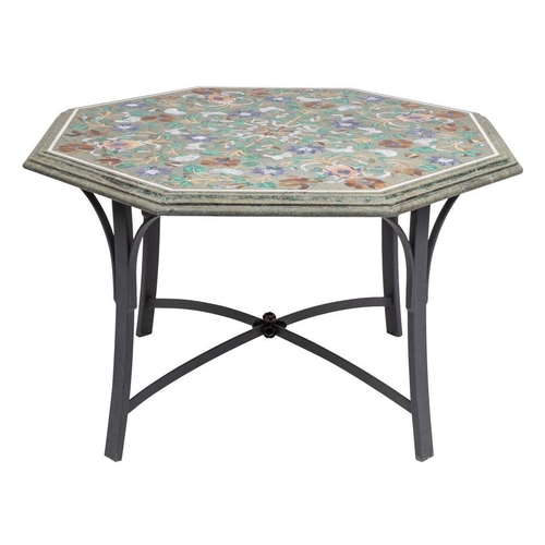 1443 - An Indian pietre dure inset marble and wrought iron mounted centre table, modern; the octagonal top ... 