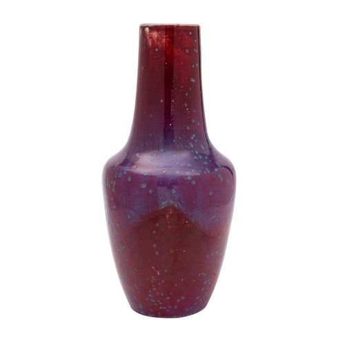 167 - A large Ruskin high-fired vase, dated 1932 with tapering cylindrical neck, covered in a rich flambé ... 