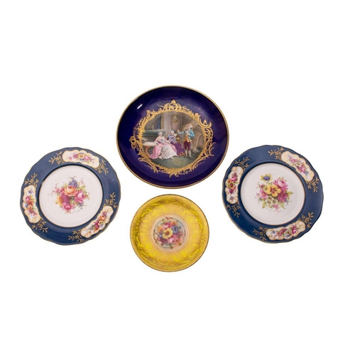 204 - A pair of Royal Worcester porcelain plates, a similar small dish and a Sevres-style dish,  the pair ... 