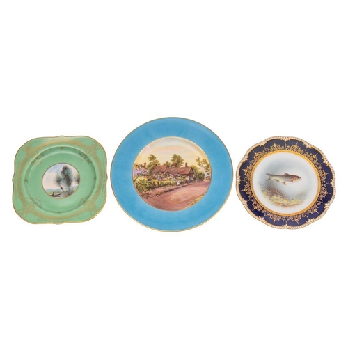 205 - Two Royal Worcester porcelain plates and an Aynsley named fish plate, the first  painted with a view... 