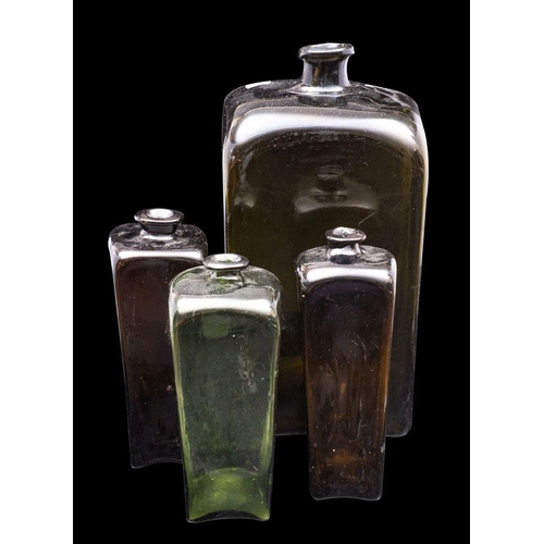 21 - Four mould blown Dutch gin bottles of shouldered square profile with raised everted neck, early/mid ... 