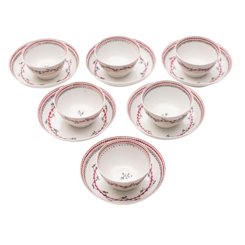 253 - A set of six Newhall hard-paste teabowls and saucers decorated in pattern 122 with puce husk chains ... 