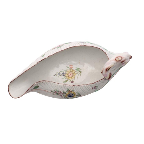 263 - A First Period Worcester polychrome cos lettuce-leaf sauceboat with stalk handle and moulded with ov... 