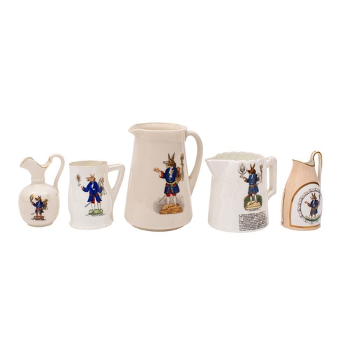 293 - Five various china Trusty Servant jugs, late 19th /early 20th century; all transfer printed and poly... 