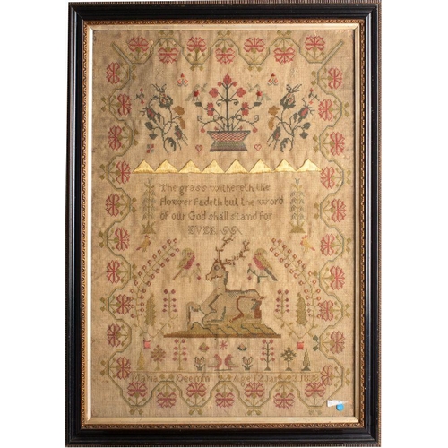 393 - An early Victorian sampler with central verse and stag surrounded by birds and flowering shrubs, enc... 