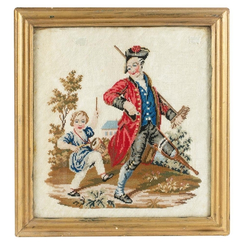 394 - A 19th century woolwork picture of a veteran soldier with peg leg marching with a young boy who is b... 