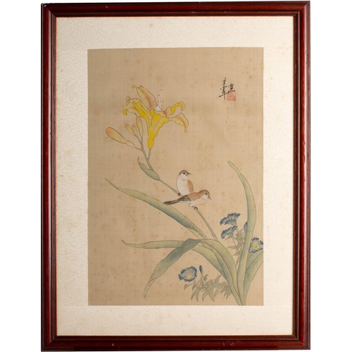 408 - A Chinese silk print depicting finches perched on an iris,  37 x 25cm together with two other prints... 