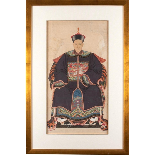 415 - A pair of large Chinese ancestor portraits of a civil official and his wife wearing formal dragon an... 